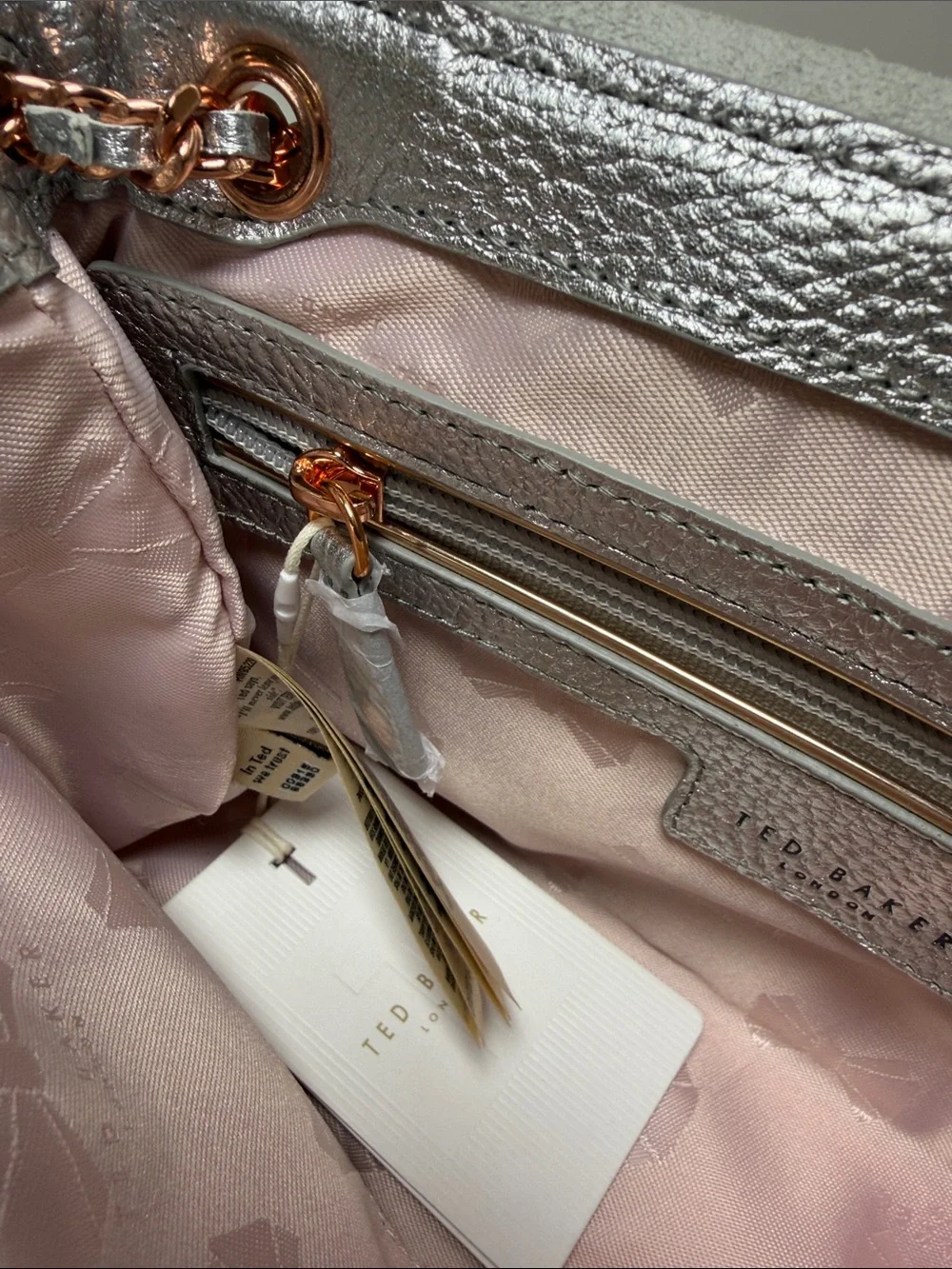 NWT Ted Baker London Parson Pebbled Metallic Silver Leather Crossbody Bag